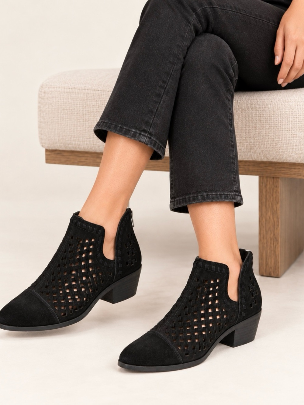 Vince Camuto Black Perforated Suede Cutout Ankle Booties